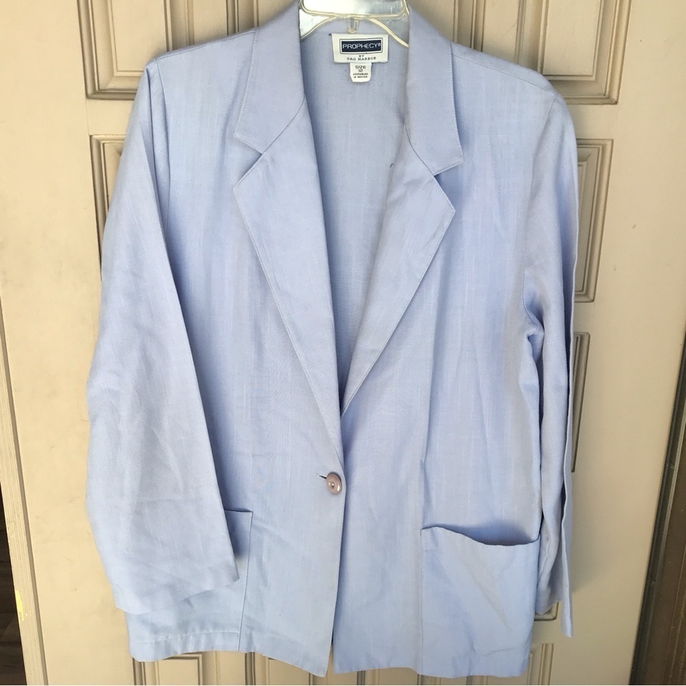 VTG Blazer by prophecy, size 12, pale blue/violet, long sleeves, notched collar